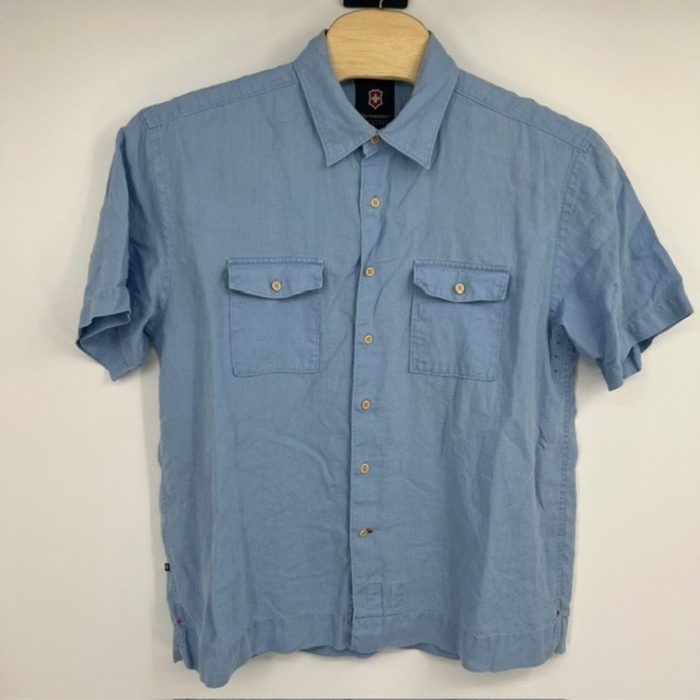 Victorinox Swiss Army Men's XL Blue 100% Linen Short Sleeve Button Down Shirt